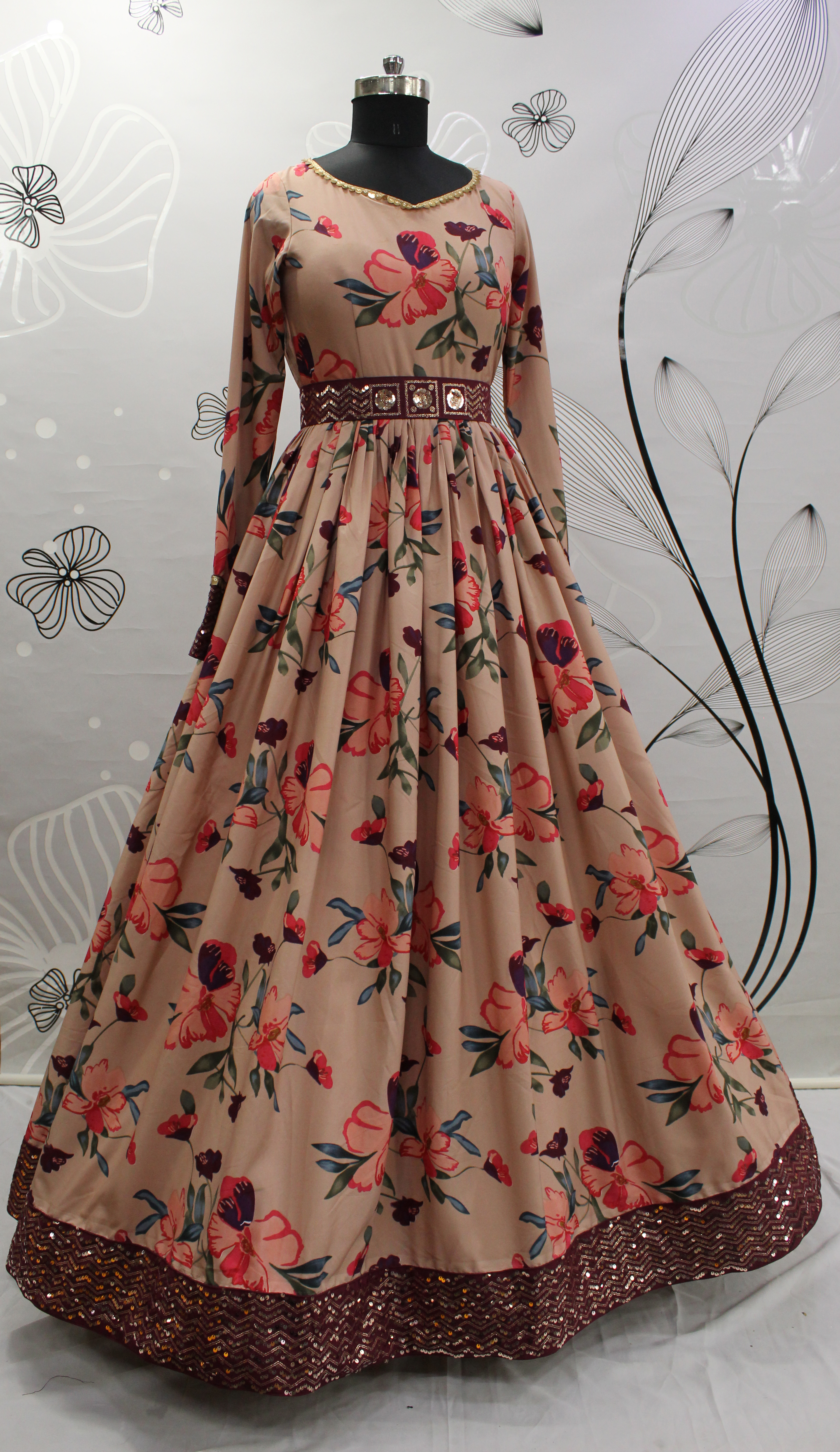 Stylish Crepe Peach Gown With Sequence Belt